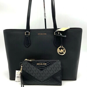 Michael Kors Bag Large Sheila Mf Tote Bag & Large Double Zip Wallet Black/Gold